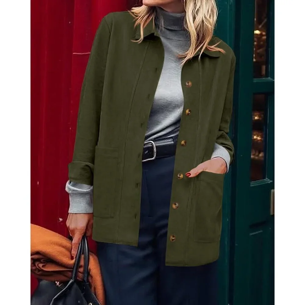 Women's Faux Leather Long Sleeve Green Button Down Jackets Coats Outerwear - Picture 6 of 6